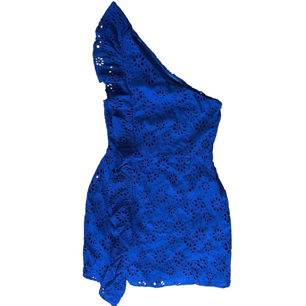 NWT Lovers+Friends Navy Blue Eyelet One Shoulder Ruffle Mini Dress Wedding Guest - Picture 3 of 8